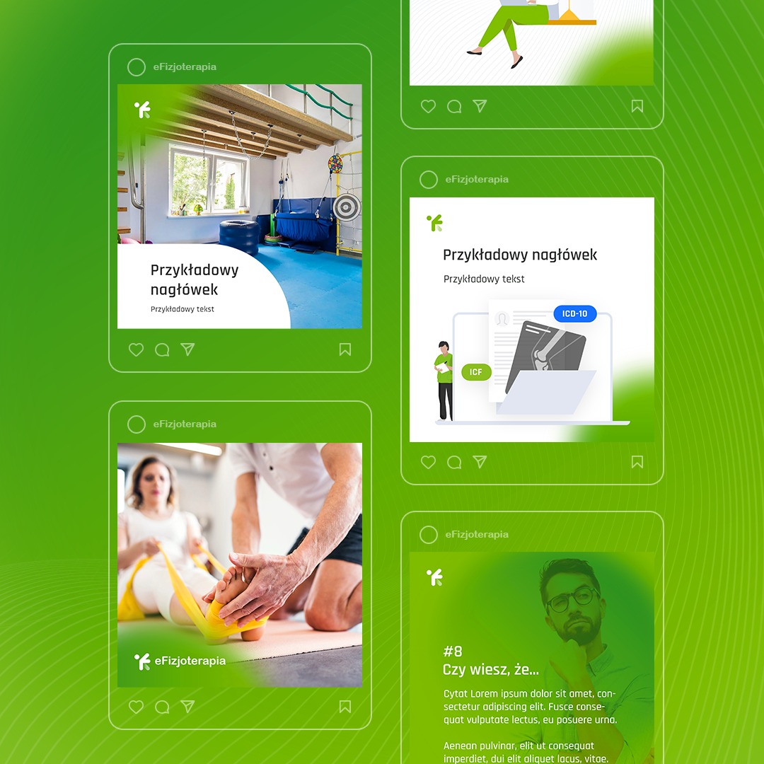 Seria postów w mediach społecznościowych dla eFizjoterapia, z przykładami nagłówków i tekstów, w zielonej tonacji.