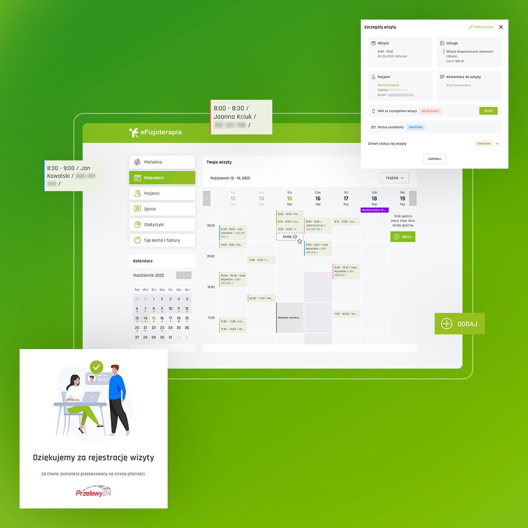 Ekran aplikacji do zarządzania wizytami w gabinecie fizjoterapii, widok kalendarza z zaplanowanymi terminami i szczegółami wizyty pacjenta.