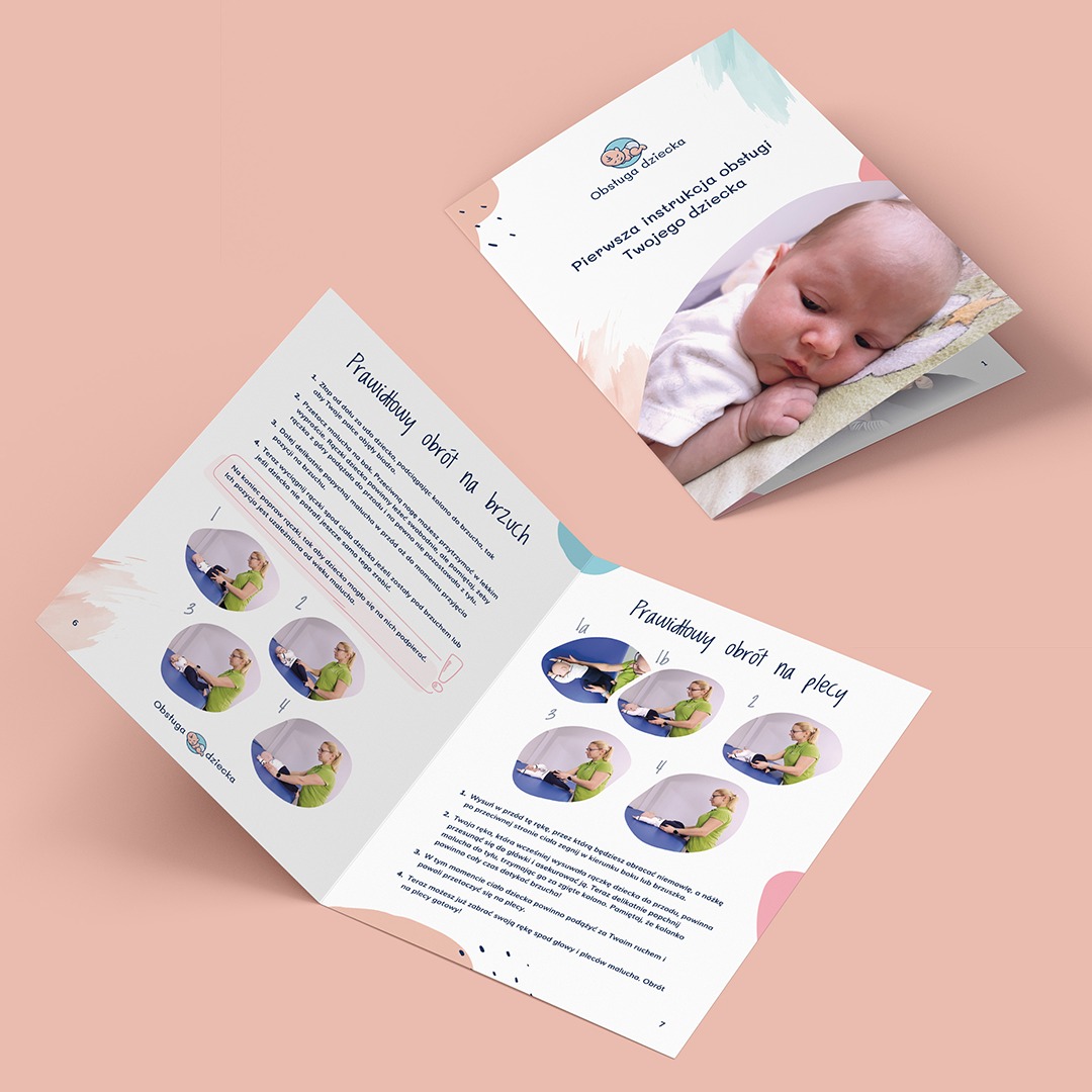 Instrukcja obsługi dziecka: broszura z poradami dotyczącymi obracania niemowlęcia na brzuch i plecy, z ilustracjami krok po kroku i zdjęciem dziecka.