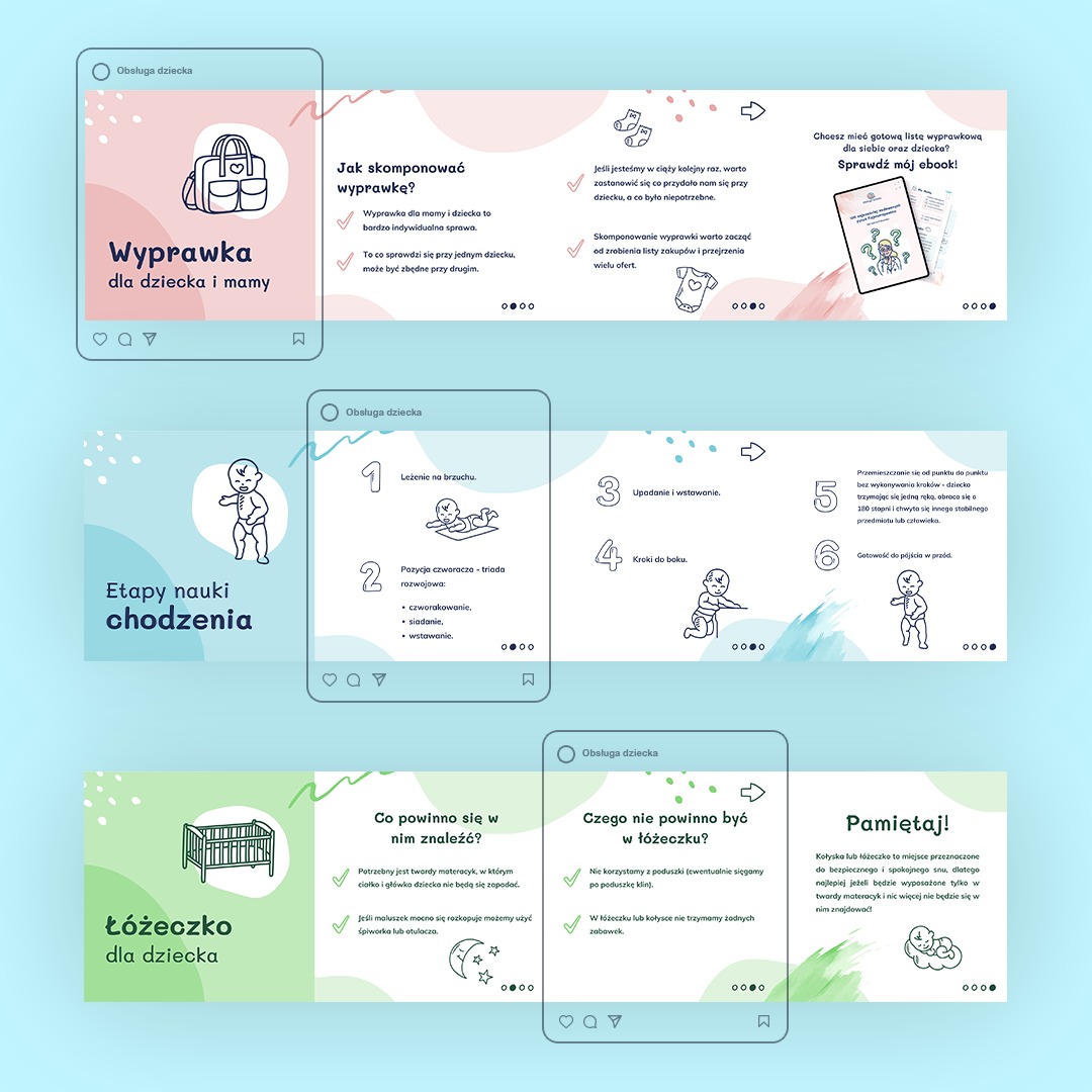 Infografika dla rodziców: wyprawka dla dziecka i mamy, etapy nauki chodzenia, co powinno i czego nie powinno być w łóżeczku.
