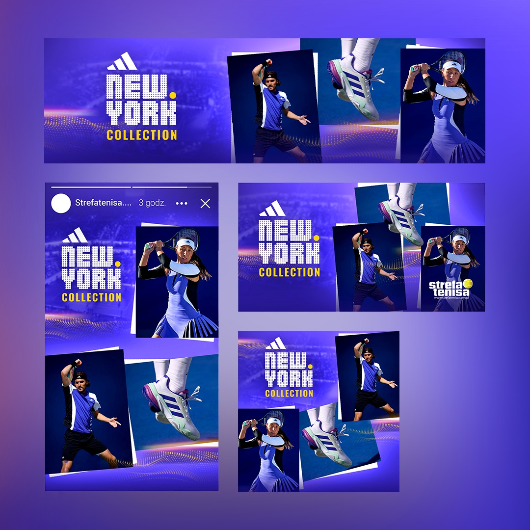 Kompozycja graficzna prezentująca kolekcję odzieży i obuwia tenisowego New York Collection, z dynamicznymi ujęciami tenisistów w akcji i zbliżeniami na detale produktów na fioletowym tle z efektem...