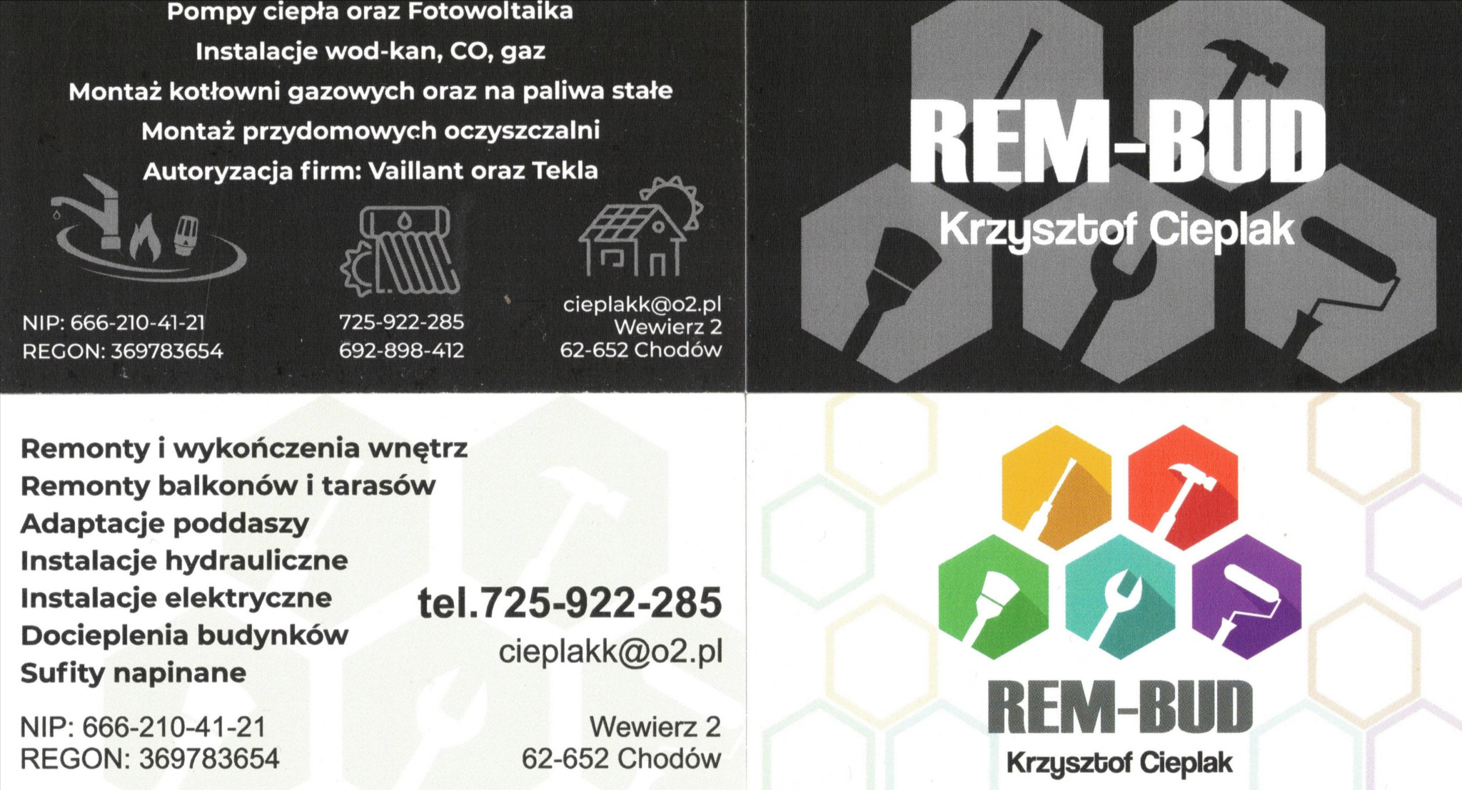 Wizytówka firmy REM-BUD Krzysztof Cieplak z ofertą usług remontowych, instalacyjnych i dociepleń, zawierająca logo z narzędziami i dane kontaktowe.