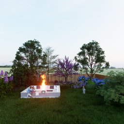 Ogrodowe Aranże-Projektowanie ogrodów, tarasów - Wizualizacja ogrodu z paleniskiem otoczonym sofą, kwitnącymi krzewami i drzewami, w tle pole uprawne.