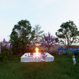 Ogrodowe Aranże-Projektowanie ogrodów, tarasów - Wizualizacja ogrodu z paleniskiem otoczonym sofą, kwitnącymi bzami i hortensjami, oraz drewnianym panelem ogrodzeniowym w tle, gdzie ojciec z dzieckiem siedzą przy ogniu, a drugie dziecko stoi...