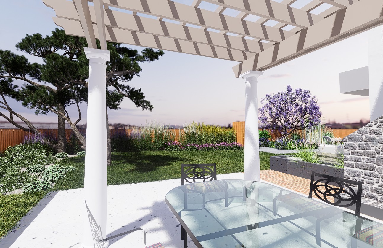 Wizualizacja tarasu z pergolą, szklanym stołem i ozdobnymi krzesłami, w tle bujna roślinność ogrodowa z kwitnącymi bylinami.