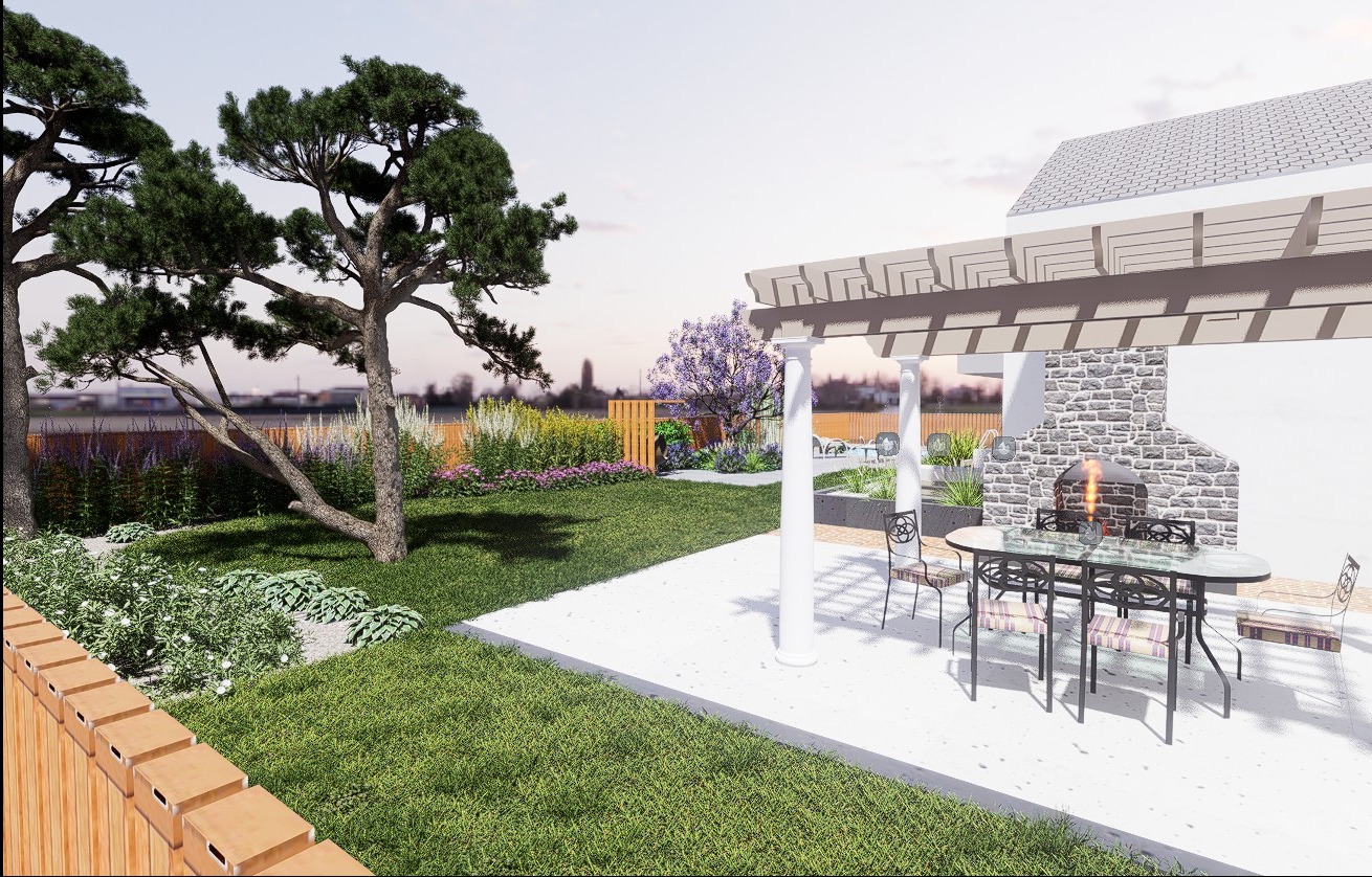 Wizualizacja ogrodu z grillem murowanym, pergolą i meblami ogrodowymi, z widocznymi drzewami i kwitnącymi roślinami.