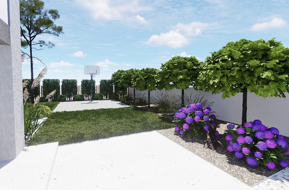 Wizualizacja ogrodu z równo przystrzyżonym trawnikiem, kulistymi drzewami, kwitnącymi hortensjami i boiskiem do koszykówki w tle.