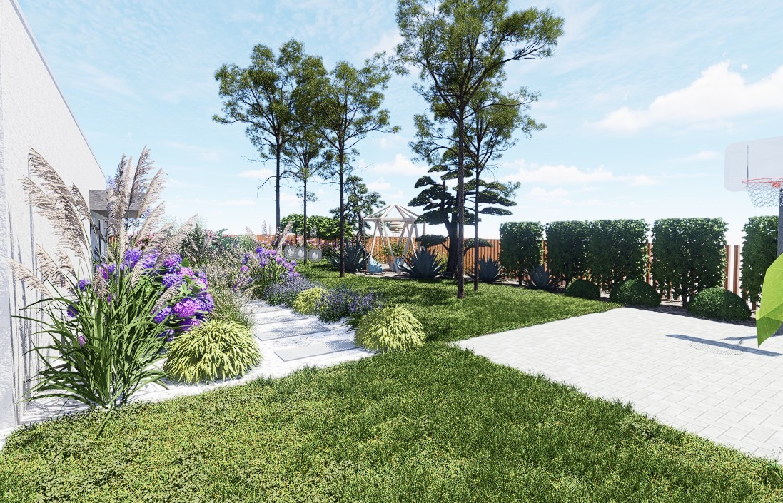 Wizualizacja ogrodu z huśtawką, ścieżką z białych płyt, rabatami z fioletowymi kwiatami i trawami ozdobnymi oraz boiskiem do koszykówki w tle.