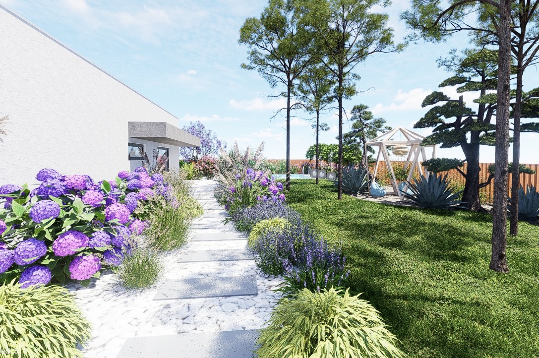 Wizualizacja ogrodu z białym domem, ścieżką z kamieni, rabatami z fioletowymi hortensjami i lawendą, trawnikiem oraz altaną w tle.