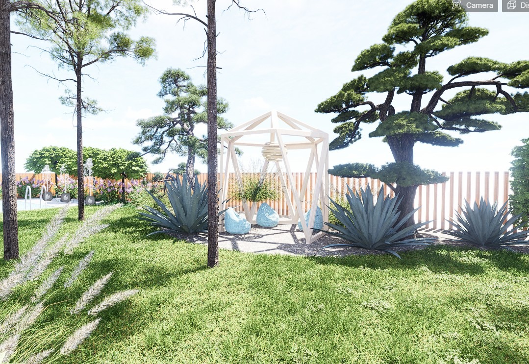 Wizualizacja ogrodu z drewnianą altaną, sukulentami i jasnoniebieskimi pufami, widok na basen i kwitnące rabaty w tle.