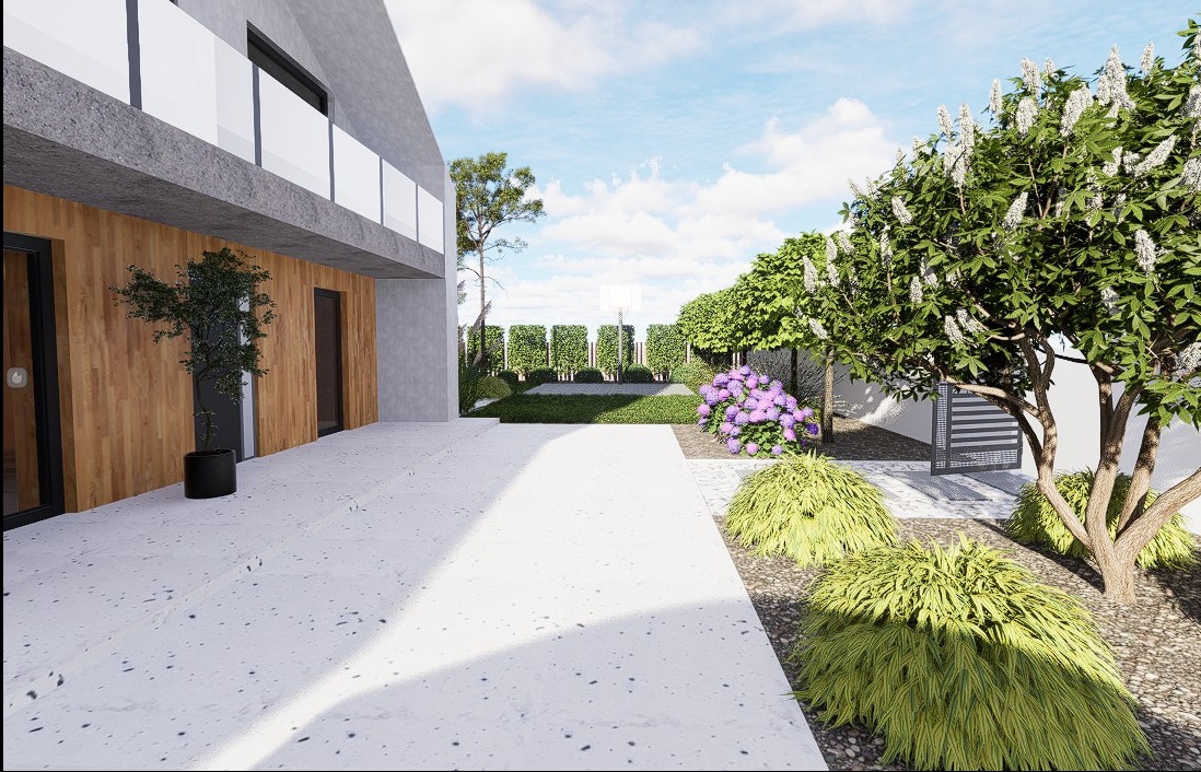 Wizualizacja nowoczesnego domu z minimalistycznym ogrodem, gdzie dominują kuliste krzewy, kwitnące hortensje i drzewo z białymi kwiatami, a w tle widoczny jest równo przycięty żywopłot.