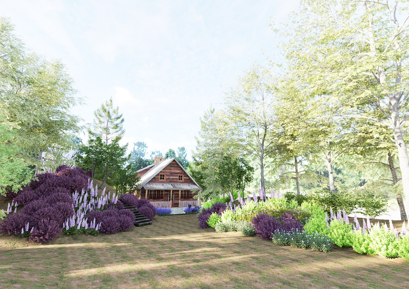 Wizualizacja ogrodu z drewnianym domkiem, fioletowe i białe kwiaty otaczają ścieżkę prowadzącą do domu, drzewa w tle.