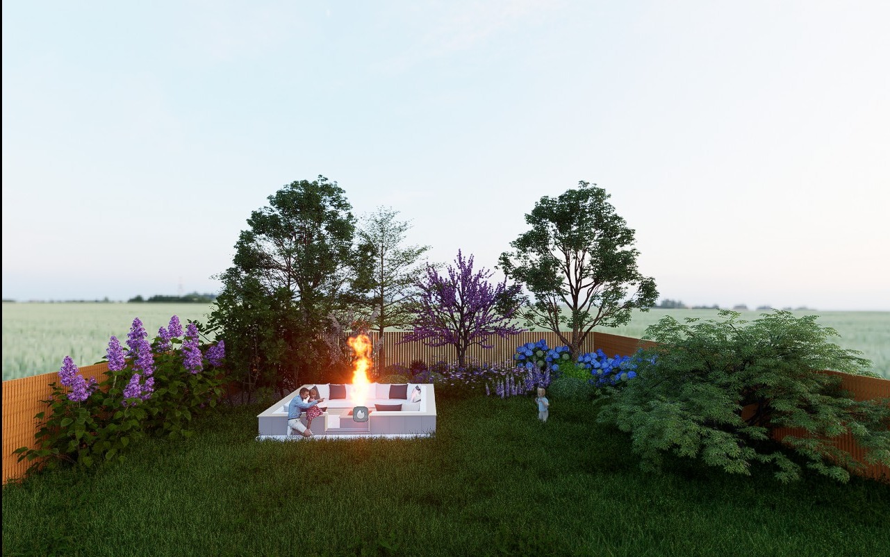 Wizualizacja ogrodu z paleniskiem otoczonym sofą, kwitnącymi krzewami i drzewami, w tle pole uprawne.