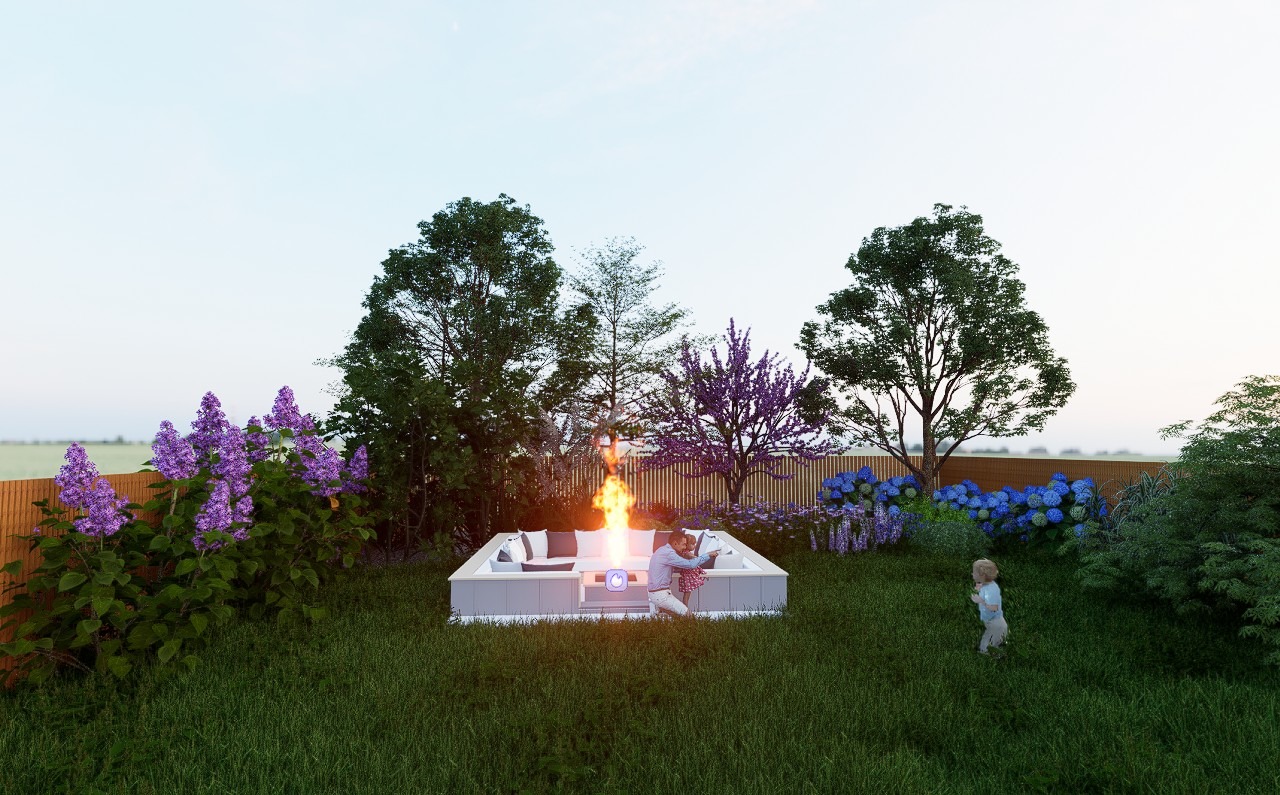 Wizualizacja ogrodu z paleniskiem otoczonym sofą, kwitnącymi bzami i hortensjami, oraz drewnianym panelem ogrodzeniowym w tle, gdzie ojciec z dzieckiem siedzą przy ogniu, a drugie dziecko stoi...