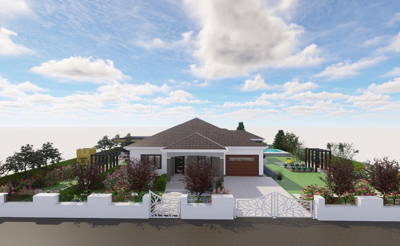 Wizualizacja domu jednorodzinnego z ogrodem, widok z przodu, białe ogrodzenie z ozdobnymi bramami, zadbany trawnik, drzewa i kwiaty, basen w tle.