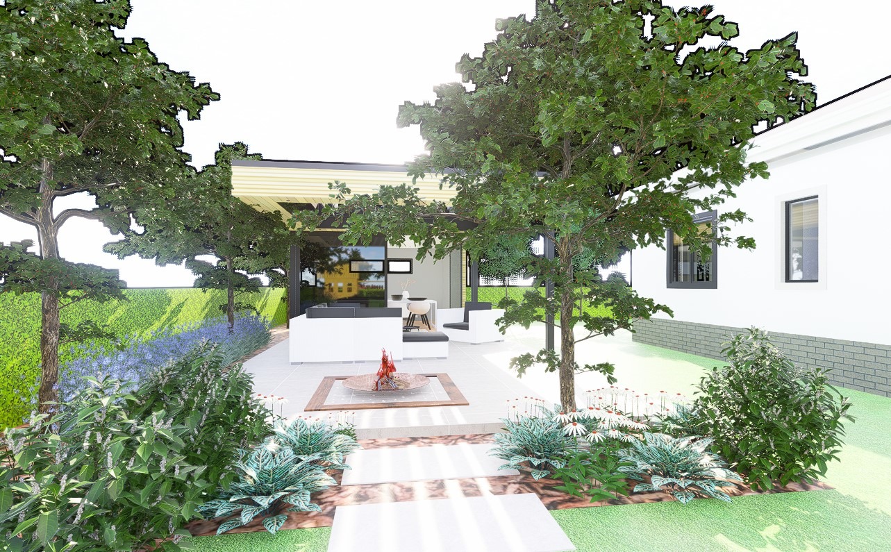 Wizualizacja ogrodu z nowoczesnym patio, paleniskiem otoczonym drewnianą ramą, białymi meblami ogrodowymi i ścieżką z jasnych płyt prowadzącą przez rabaty kwiatowe.