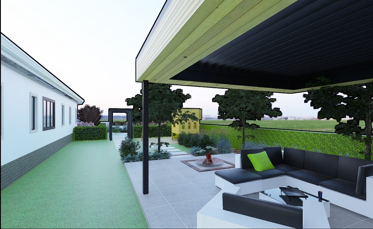 Wizualizacja ogrodu z nowoczesną pergolą, meblami wypoczynkowymi i paleniskiem, widok na trawnik i starannie przycięty żywopłot.