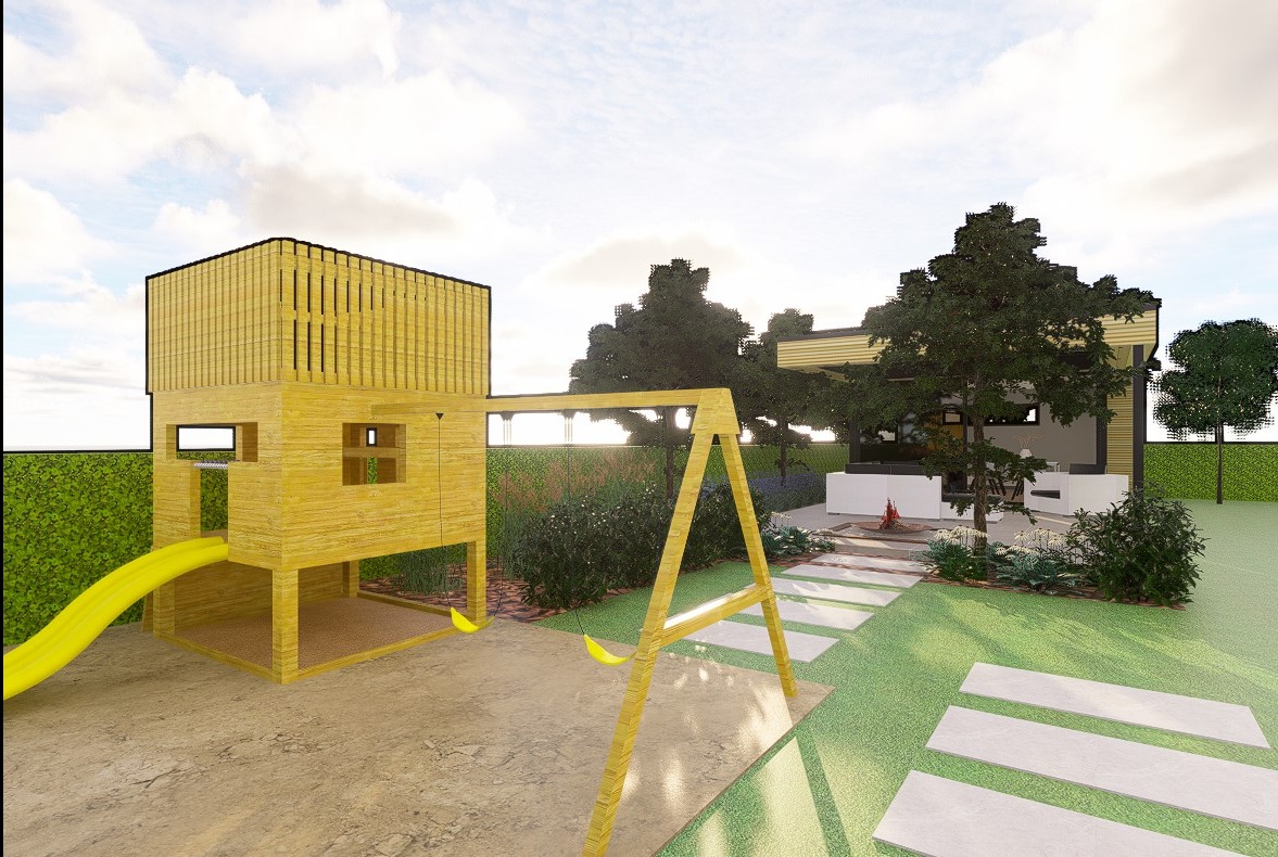 Wizualizacja ogrodu z drewnianym domkiem dla dzieci ze zjeżdżalnią i huśtawką, ścieżka z płyt prowadząca do strefy relaksu z paleniskiem.