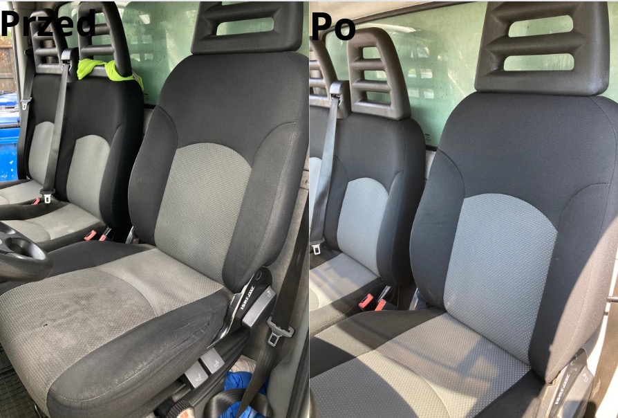 Porównanie: Fotele samochodowe przed i po czyszczeniu, widoczne różnice w odcieniach szarości i usunięte zabrudzenia.
