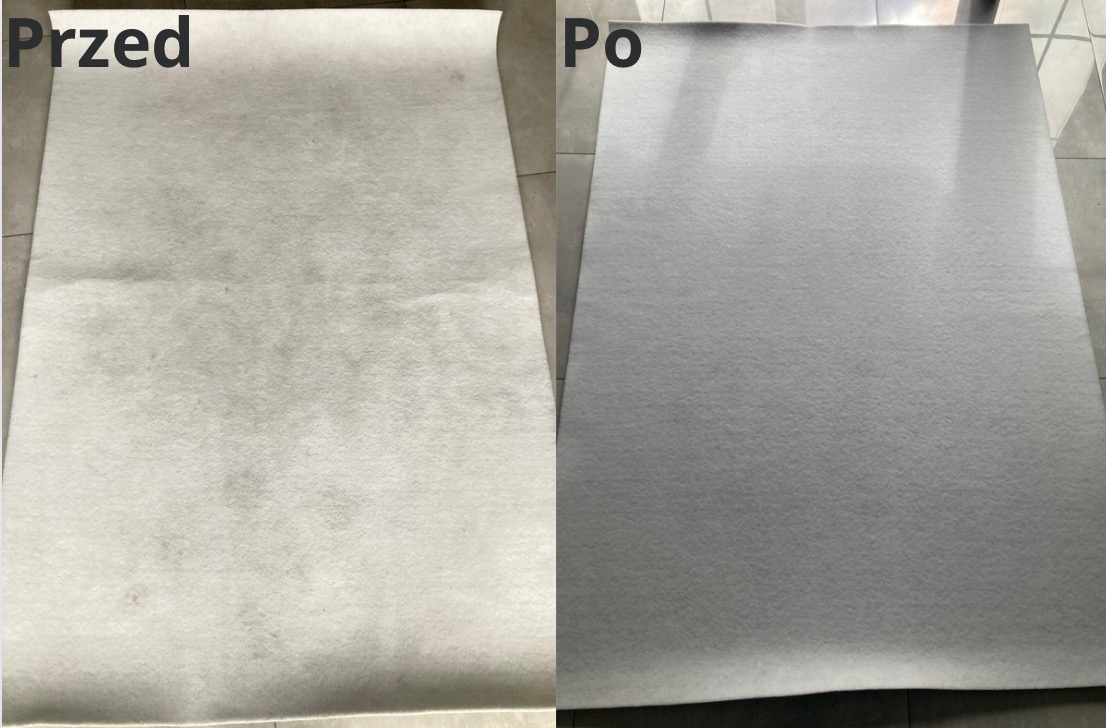 Dywan w odcieniach szarości podzielony na dwie części: lewa strona z widocznymi plamami i zabrudzeniami oznaczona jako 'Przed', prawa strona czysta i odświeżona oznaczona jako 'Po'.