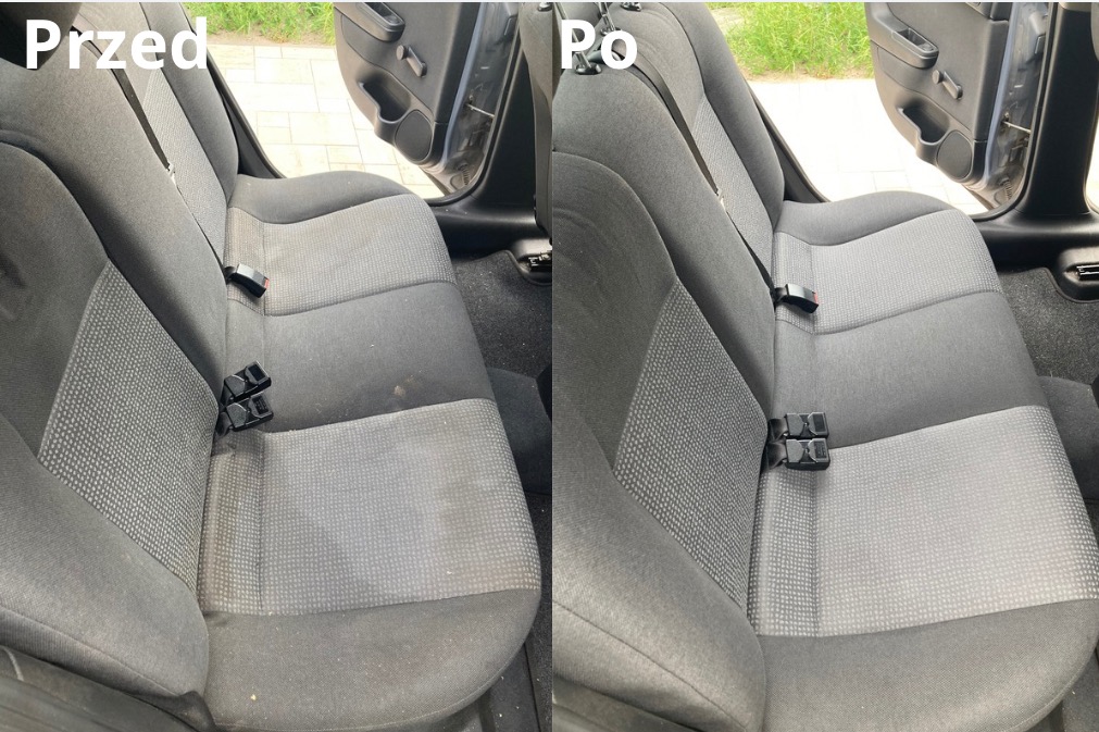 Tapicerka samochodowa tylnej kanapy - porównanie przed i po czyszczeniu, widoczne plamy i zabrudzenia usunięte.