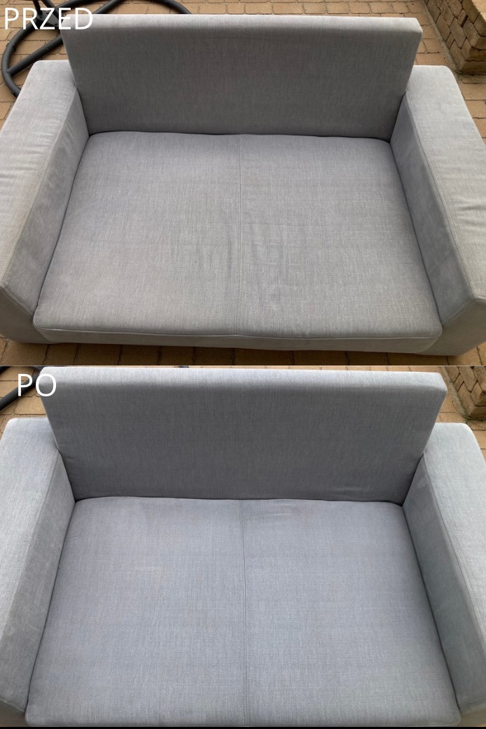 Szara sofa modułowa w Siennicy, widok z góry: porównanie stanu przed i po czyszczeniu, uwidaczniające różnicę w odcieniu i usunięcie plam.