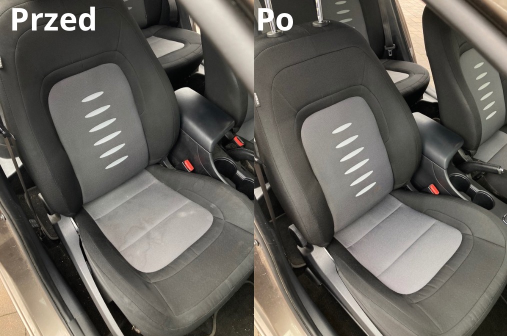 Tapicerka fotela samochodowego przed i po czyszczeniu, widoczne plamy na siedzisku przed zabiegiem i czysta powierzchnia po jego wykonaniu.