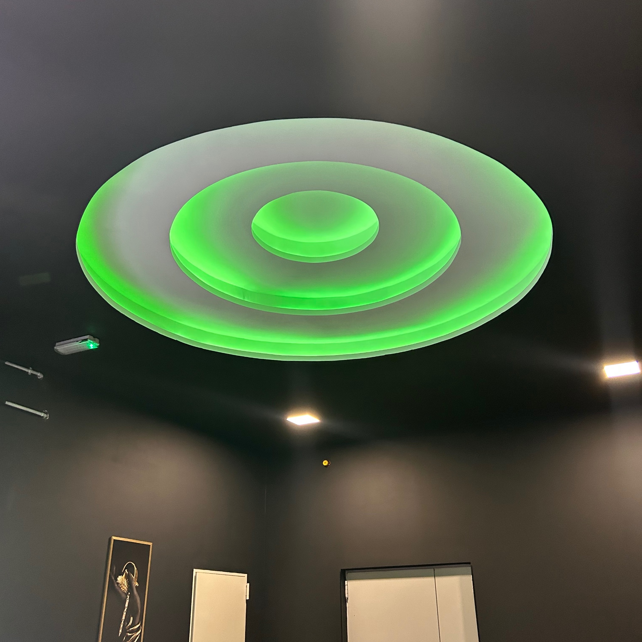 Nowoczesna, okrągła lampa sufitowa z trzema pierścieniami świecącymi intensywnym, zielonym światłem, zamontowana na ciemnym suficie w biurze, widoczne drzwi i grafika na ścianie.