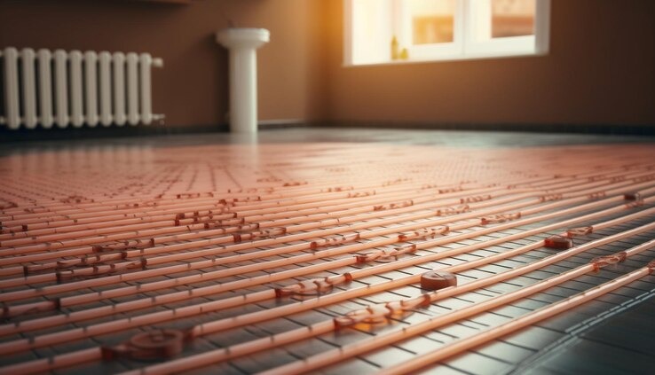 Równomiernie rozłożone rury ogrzewania podłogowego w jasnym pomieszczeniu, widoczny grzejnik ścienny i umywalka na postumencie w tle, światło słoneczne wpada przez okno.