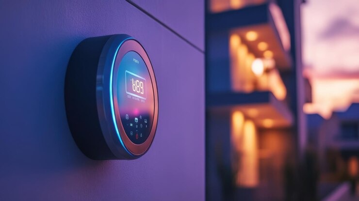 Nowoczesny, okrągły panel sterowania z podświetleniem LED, zamontowany na ścianie wewnątrz budynku, z widocznym cyfrowym wyświetlaczem i dotykowymi przyciskami, na tle rozmytego wnętrza mieszkania.