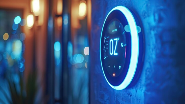 Elegancki, okrągły termostat z podświetleniem LED, zamontowany na ścianie w Łodzi, wyświetlający temperaturę i procent wilgotności, z rozmytym tłem wnętrza.