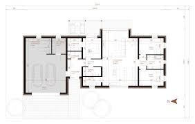 Rzut poziomy domu jednorodzinnego z zaznaczonymi pomieszczeniami, instalacjami i wymiarami, widok z góry.