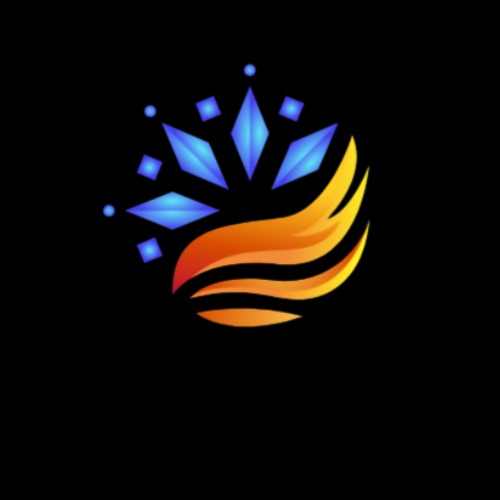 Abstrakcyjne logo przedstawiające stylizowany płomień w odcieniach pomarańczy i żółci, nad którym unoszą się niebieskie kryształki lodu na czarnym tle.