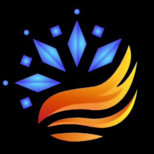 Abstrakcyjne logo przedstawiające połączenie symboli ognia i lodu, z niebieskimi kryształami i pomarańczowymi płomieniami na czarnym tle.