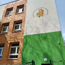 LEONID PODOLYAK MOREMURALS - Odnowiona elewacja budynku szkoły podstawowej z brązową teksturą imitującą drewno, białym pasem z wizerunkiem sowy i zielonym dołem, widok z dołu na budynek z bramą i ogrodzeniem.