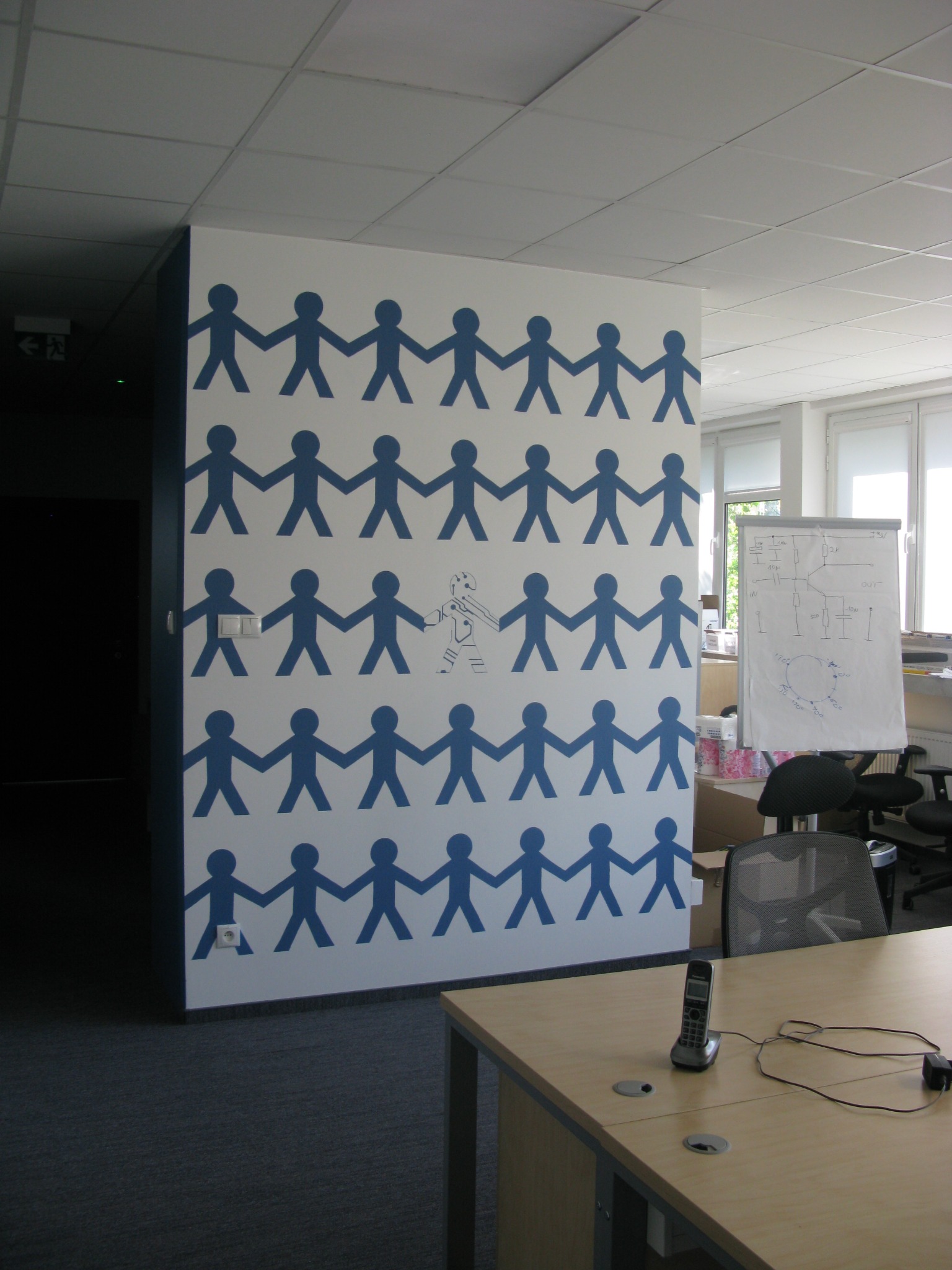 Ściana w biurze ozdobiona wzorem papierowych ludzików trzymających się za ręce, z jednym ludzikiem narysowanym jako robot. W tle widoczne biurko, krzesło i tablica flipchart z rysunkami schematów.