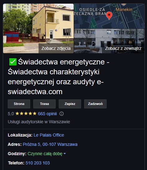 Dwukondygnacyjny budynek biurowy w kolorze kremowym z balkonem, widok z zewnątrz, w tle drzewa i mapa z zaznaczoną lokalizacją.