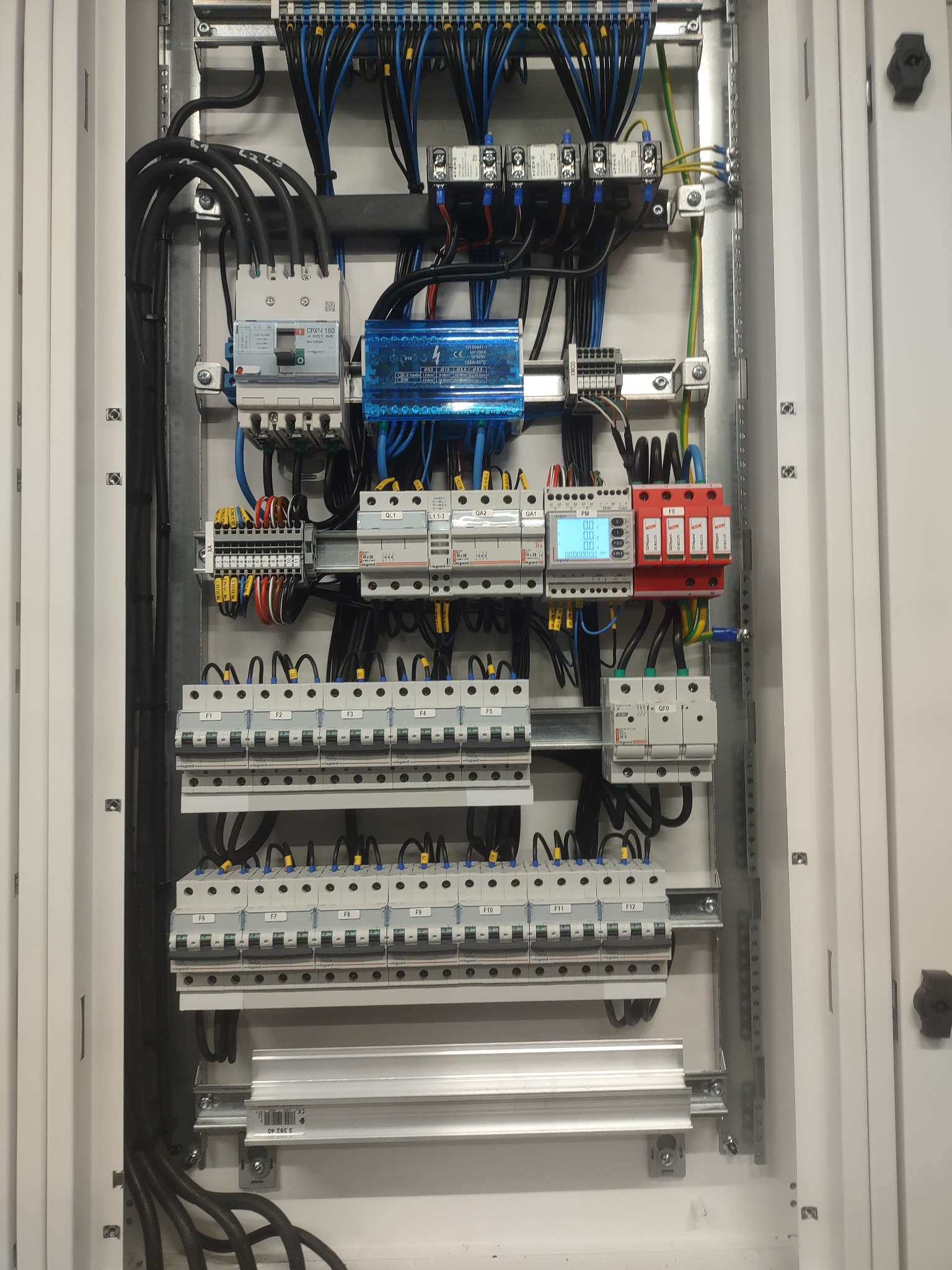 Rozdzielnica elektryczna z zainstalowanymi zabezpieczeniami, przewodami i elementami sterującymi, widoczne liczne bezpieczniki, wyłączniki i listwy zaciskowe.