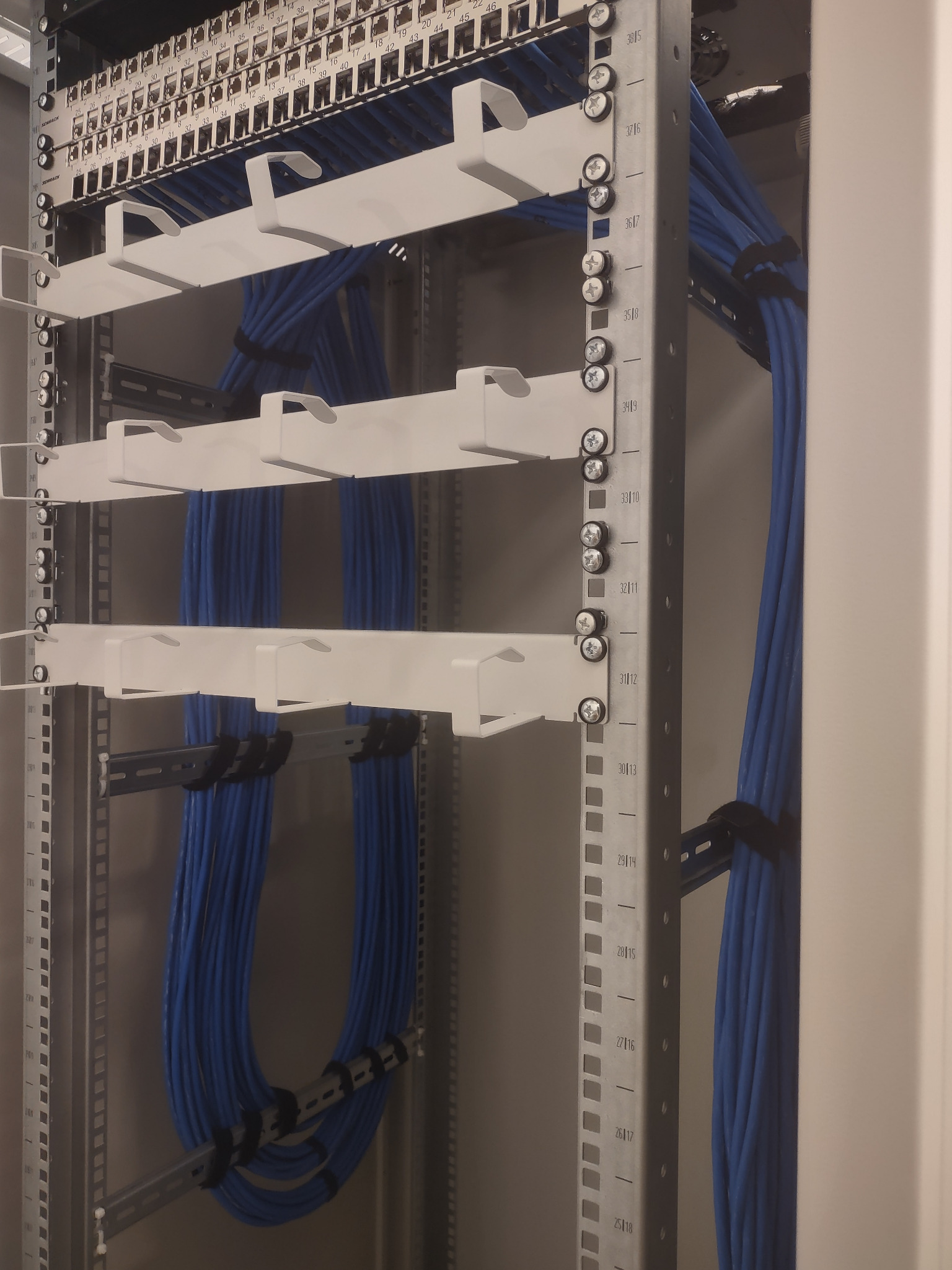 Panel krosowniczy z uporządkowanymi kablami UTP w kolorze niebieskim, zamocowanymi za pomocą opasek zaciskowych, widoczne białe uchwyty do prowadzenia kabli.