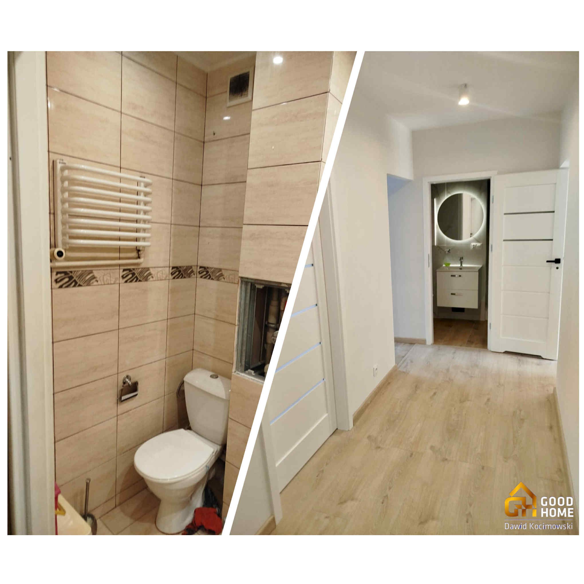 Kolaż: łazienka przed remontem z beżowymi płytkami i grzejnikiem, oraz odnowiona łazienka z białymi ścianami, podłogą imitującą drewno i nowoczesnym oświetleniem.