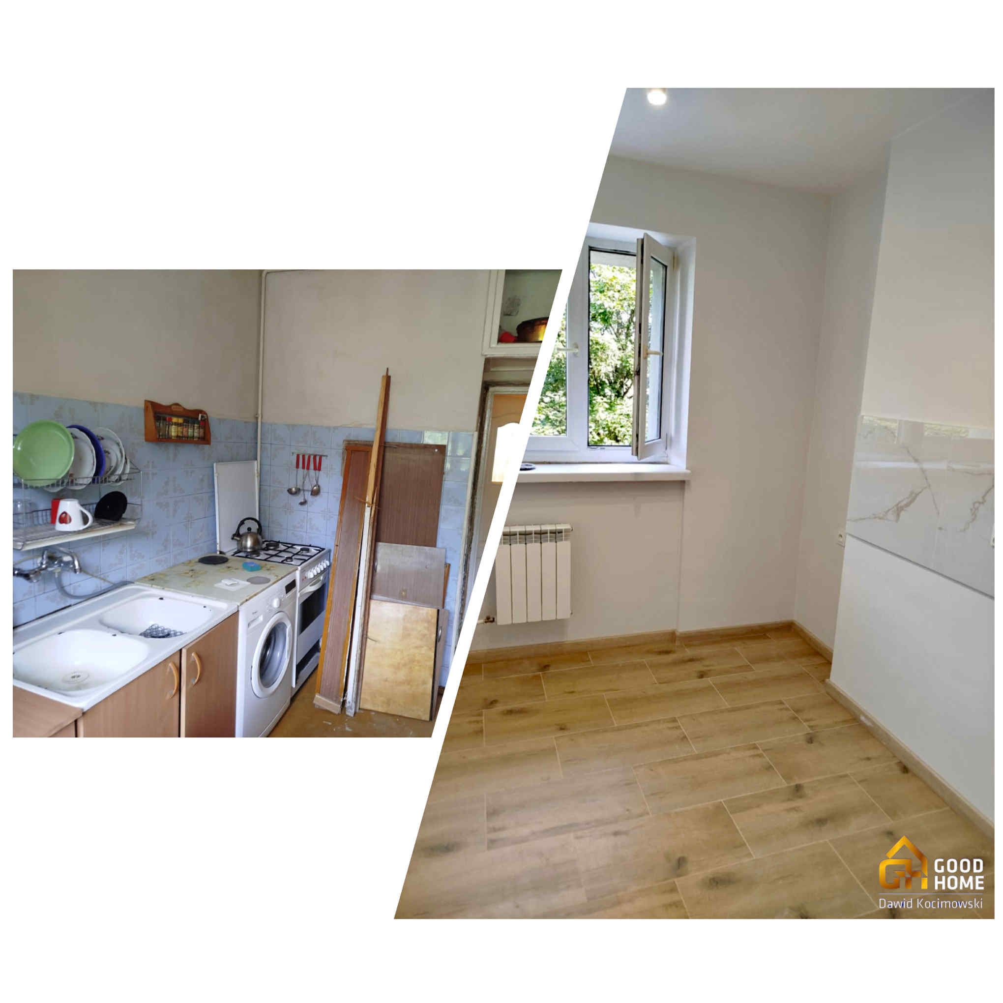 Zdjęcie 'przed i po' prezentujące metamorfozę kuchni: od starej, zagraconej do jasnej, odnowionej z drewnopodobną podłogą i nową armaturą.
