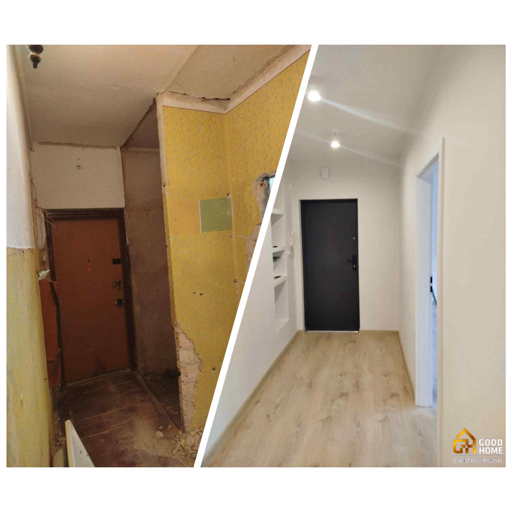Korytarz przed i po remoncie: od starej boazerii i zniszczonych ścian do jasnych, gładkich powierzchni, nowej podłogi i wnęk w ścianie. Widoczna czarna, nowoczesna stolarka drzwiowa.