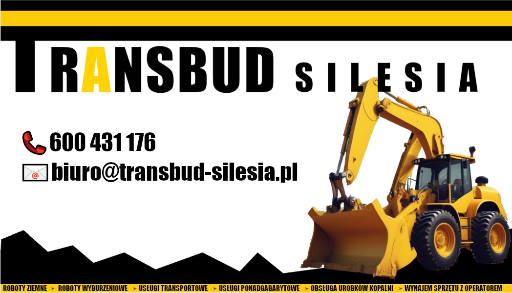 Żółta koparko-ładowarka na grafice reklamowej Transbud Silesia z numerem telefonu i adresem e-mail. Dolny pasek z kategoriami usług.
