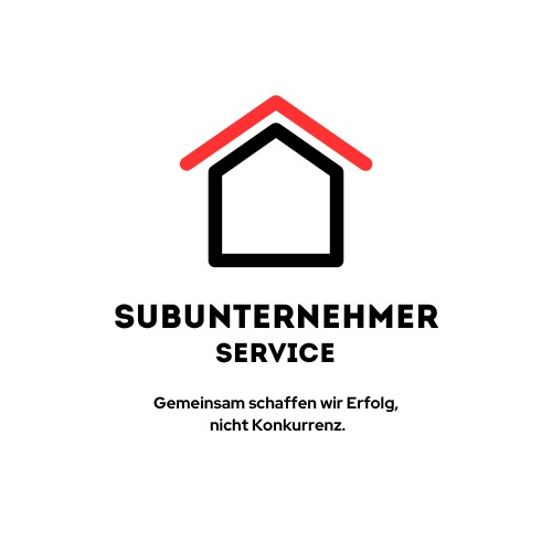 Grafika z ikoną domu z czerwonym dachem, napisem 'SUBUNTERNEHMER SERVICE' i hasłem 'Gemeinsam schaffen wir Erfolg, nicht Konkurrenz.'