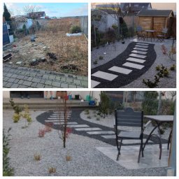 TWÓJ OGRODNIK - USŁUGI OGRODNICZE Robert Dworczak - Porównanie stanu działki przed i po wykonaniu projektu zagospodarowania terenu w Lesznie: od zaniedbanego placu z chwastami do nowoczesnego ogrodu z ścieżką z płyt, kamieniami ozdobnymi i meblami...