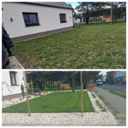 Por&oacute;wnanie trawnika przed i po założeniu: po lewej zaniedbany, z widocznymi ubytkami, po prawej gęsty, zielony trawnik z drobnymi kamieniami ozdobnymi i młodymi drzewkami.
