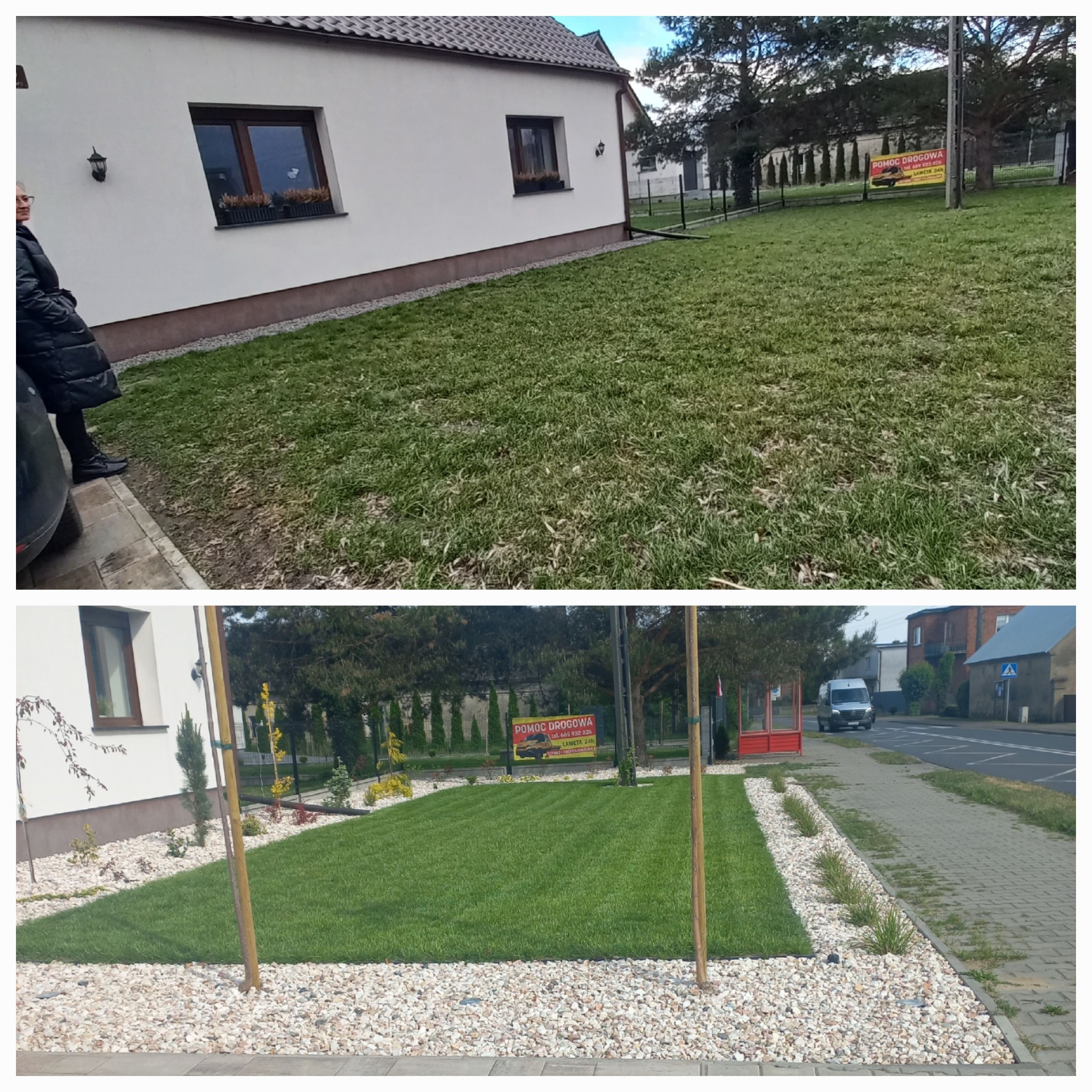 Porównanie trawnika przed i po założeniu: po lewej zaniedbany, z widocznymi ubytkami, po prawej gęsty, zielony trawnik z drobnymi kamieniami ozdobnymi i młodymi drzewkami.