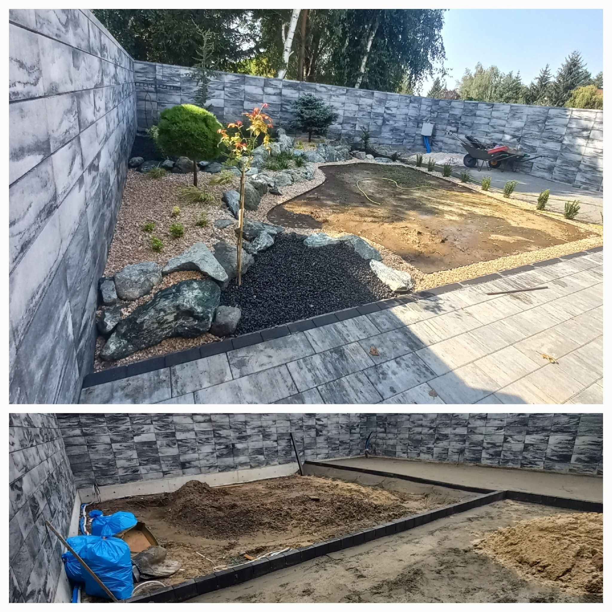 Etap tworzenia ogrodu: przygotowany teren z kamieniami, żwirem, młodymi drzewkami i obrzeżami z kostki, widoczne narzędzia ogrodnicze w tle.