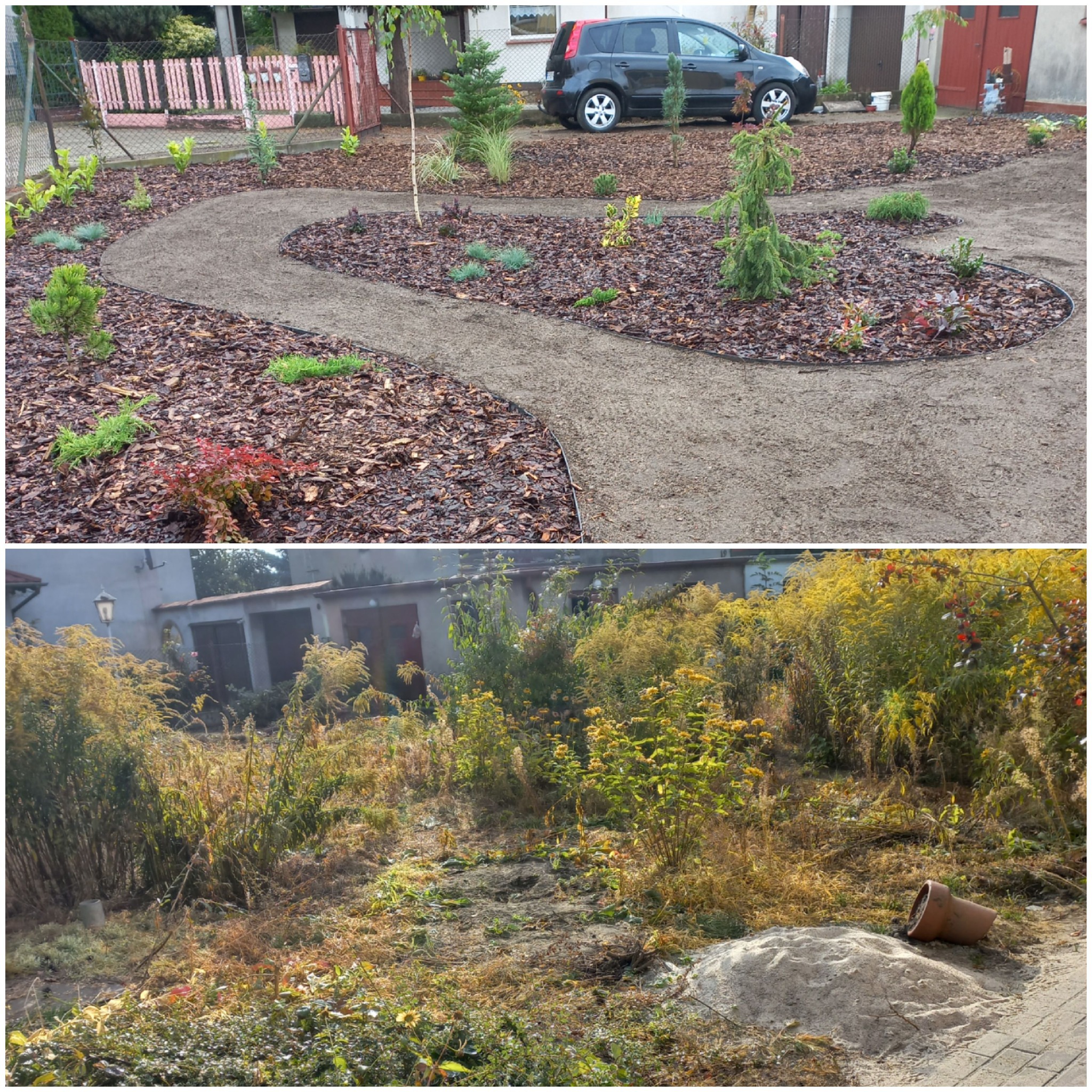 Porównanie: ogród przed i po metamorfozie. Górny kadr ukazuje świeżo założony ogród z krętą ścieżką wysypaną żwirem, rabaty z korą i młodymi roślinami. Dolny kadr prezentuje zaniedbany teren...