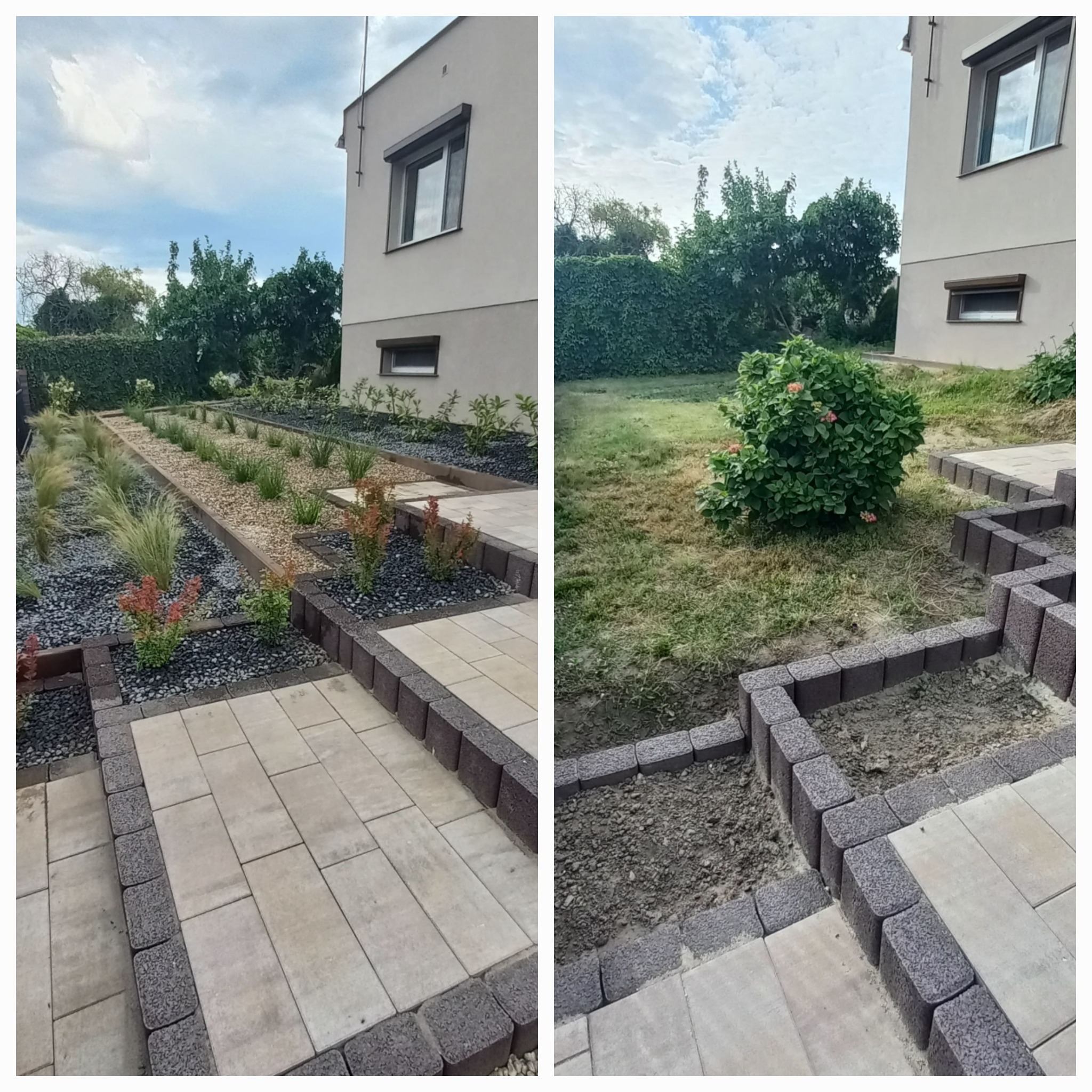 Dwa ujęcia tego samego terenu przed i po: po lewej zagospodarowany ogród z ścieżką z jasnych płyt obrzeżoną ciemnymi kostkami, rabaty wysypane czarnym grysem i żwirem, ozdobne trawy i krzewy; po...